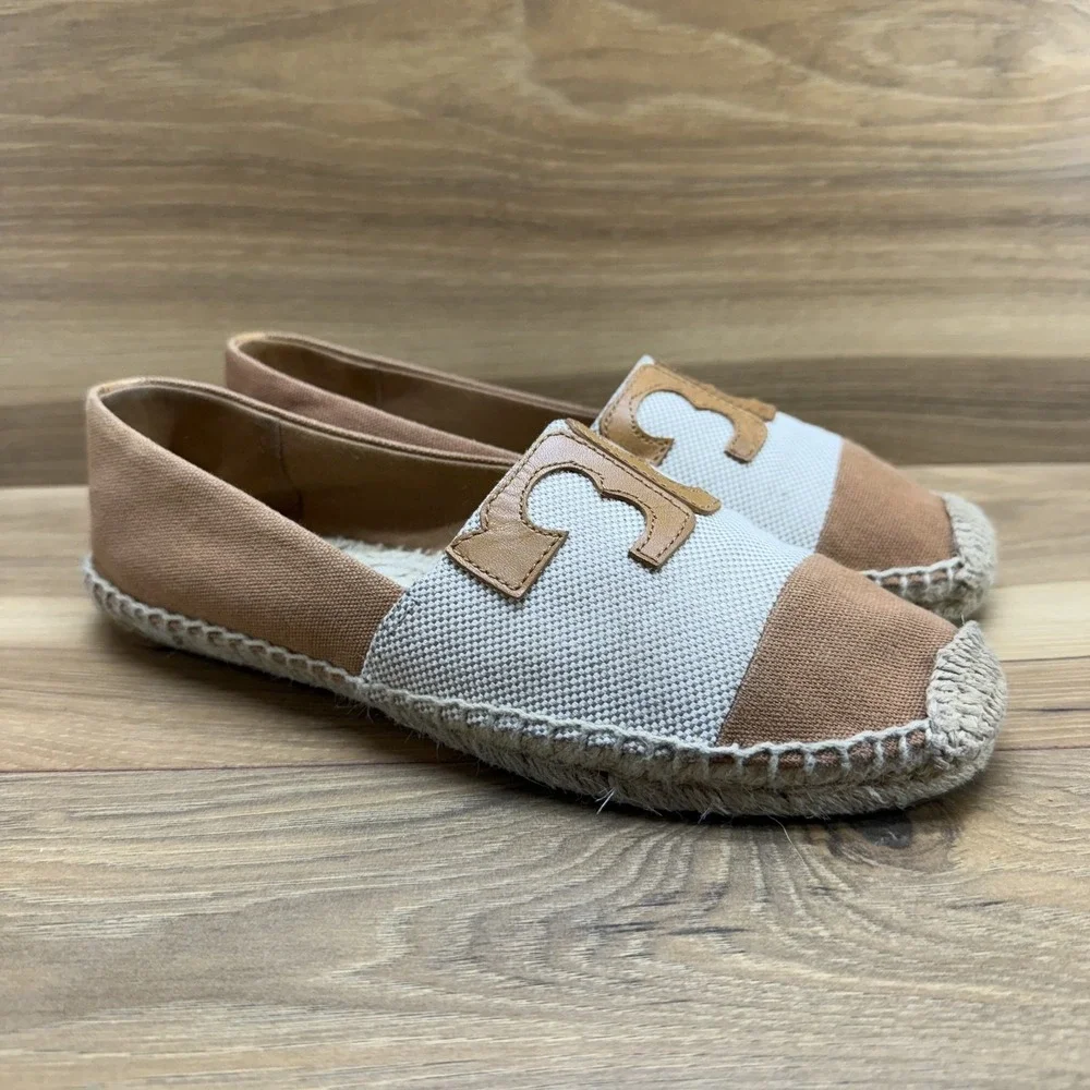 Tory Burch Cream and Tan Canvas Espadrilles with Logo Trim